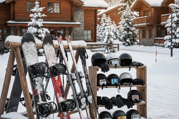 Snowboards and skis on a rustic rack outside a mountain shop in Whistler