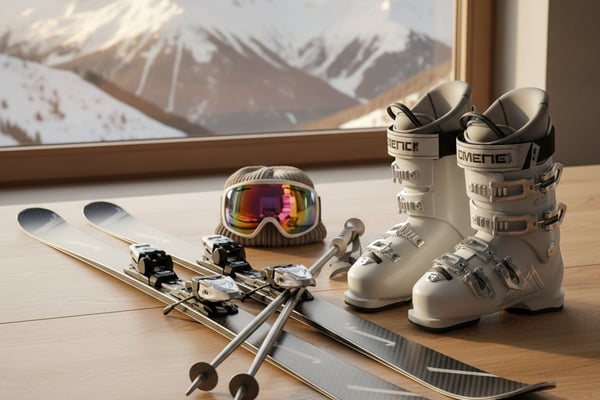 High-end ski equipment neatly arranged — skis, boots, poles, and goggles